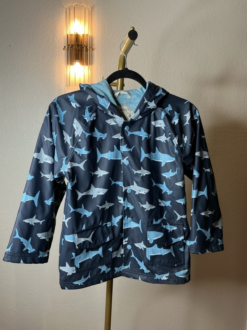 Hatley Navy Hooded Kids Swim Jacket with Light Blue Shark Print